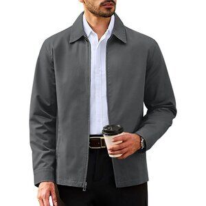 Men's Zip Up Turndown Collar Casual 3 Pockets Gray Cotton Lightweight Jacket